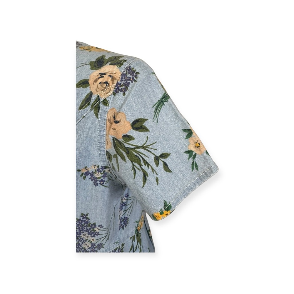 Lizwear dress long blue yellow floral short sleeve button front tie back - Picture 6 of 11